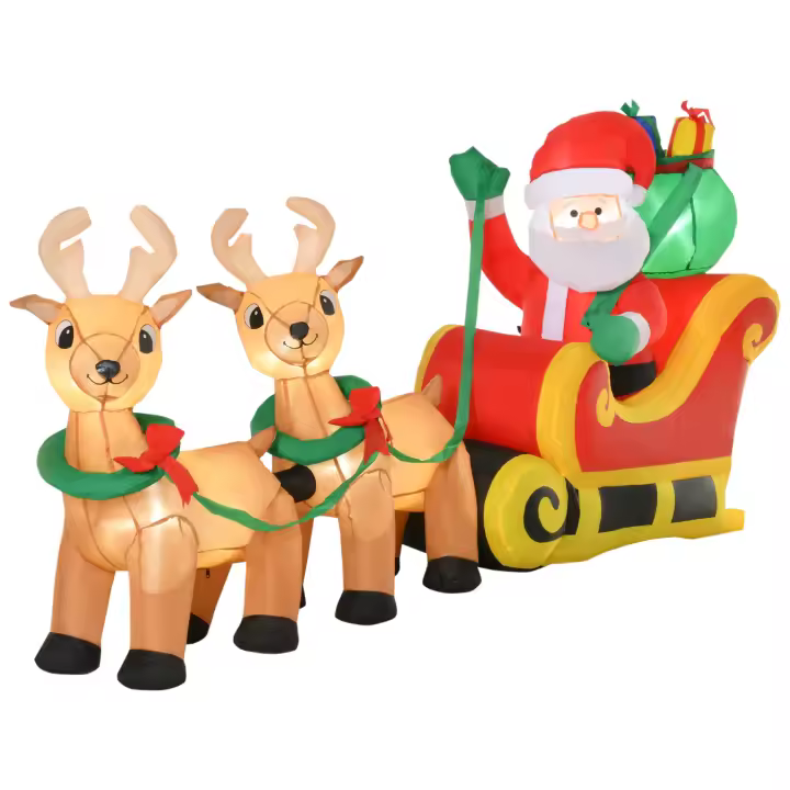 HOMCOM Papá Noel Inflable con Trineo y Renos con Luces LED Decoración de Navidad para Exterior Aire Libre con Inflador 240x57x112 cm Multicolor - 1