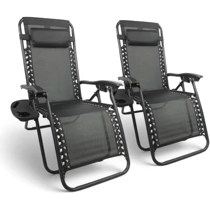 Sillas Gravedad Cero Reclinables, Tumbonas Jardin Exterior, Pack de 2 Sillones Plegables, Tumbonas Plegables Ergonómicas con Apoyabrazos y Soporte para Bebidas, Silla de Jardín, Playa, Camping o Terraza, Ligera y Resistente, Negro Portavasos - 1