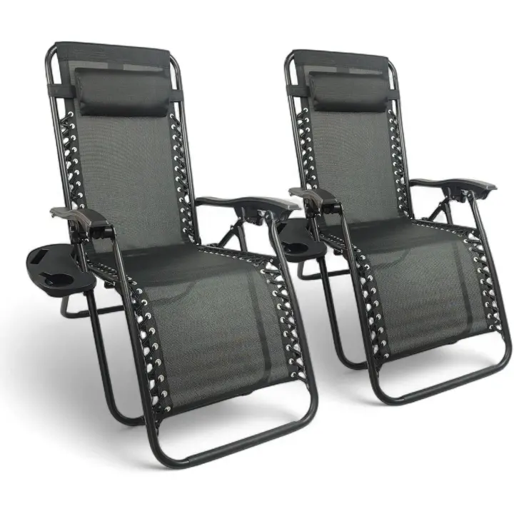 Sillas Gravedad Cero Reclinables, Tumbonas Jardin Exterior, Pack de 2 Sillones Plegables, Tumbonas Plegables Ergonómicas con Apoyabrazos y Soporte para Bebidas, Silla de Jardín, Playa, Camping o Terraza, Ligera y Resistente, Negro Portavasos - 1