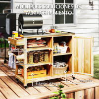 Outsunny Carrito de Parrilla Carrito de Barbacoa de Madera Carro de Servicio con 4 Ruedas Estantes Armario Encimera de Acero Inoxidable Toallero y Especiero para Jardín Patio 134,5x50x91,5 cm Natural - details 4