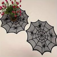 Mantel Individual De Lámina Redonda De Halloween En Lace Negro Impermeable Decoración De Mesa Tela De Servilleta Material Poliéster - details 1