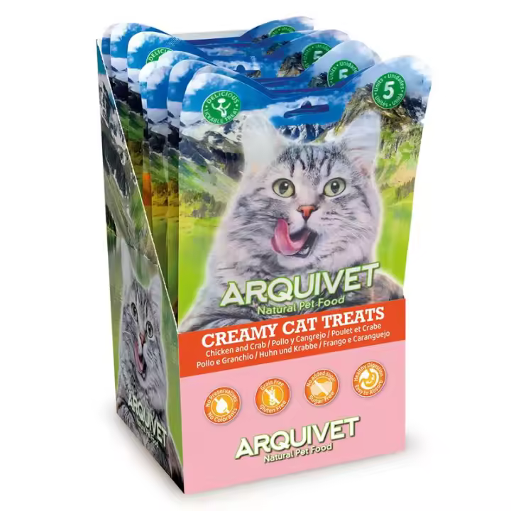 Premios para Gatos Snack Cremoso de Pollo y Cangrejo para Gatos - (expositor de 12 bolsas con 5x14 g) (60 Tubos)Comida húmeda para gatos Arquivet - 1