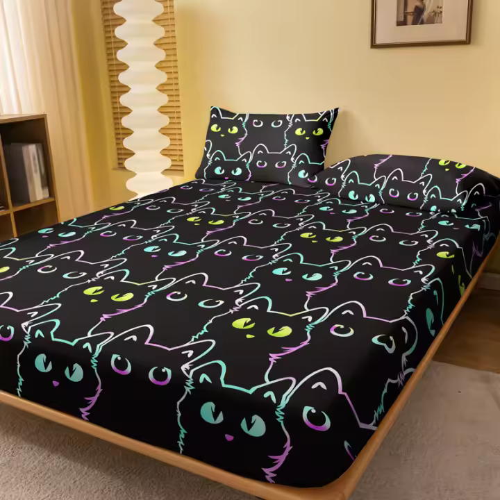 Sábana Ajustada Moderna Y Sencilla Con Impresión De Gato Pequeño En Acabado Mate Cobertor De Cama De Dormitorio Sin Fundas De Almohada - 1