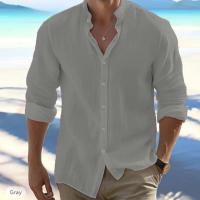 Camisa De Punto De Sarga Y Algodón Para Hombre Estilo Playa De Cuello En Pie Manga Larga Color Sólido Casual Versátil - details 1