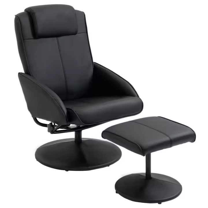 HOMCOM Sillón Relax Reclinable hasta 145° con Taburete Reposapiés Sillón de Salón Giratorio 360° Tapizado en PU y Estructura de Acero 78x67x98 cm - 1