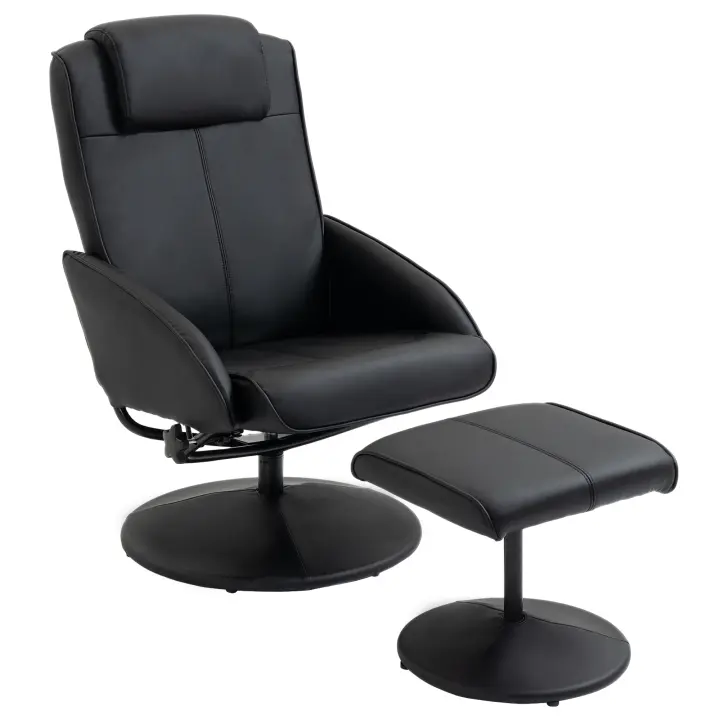 HOMCOM Sillón Relax Reclinable hasta 145° con Taburete Reposapiés Sillón de Salón Giratorio 360° Tapizado en PU y Estructura de Acero 78x67x98 cm - 1