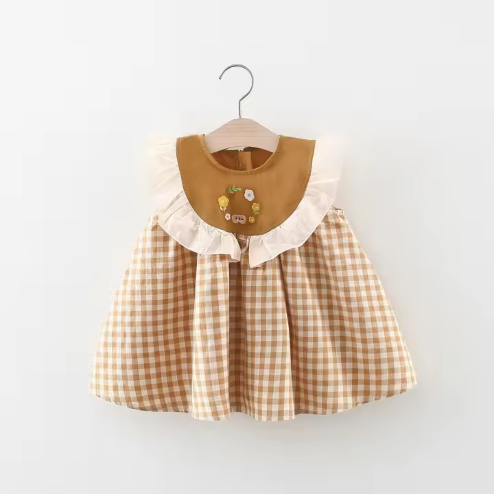 Vestido De Verano Para Niñas Con Encaje Y Estampado De Cuadros Y Flores Bordadas Cuello Redondo Sin Mangas Estilo Princesa - 1