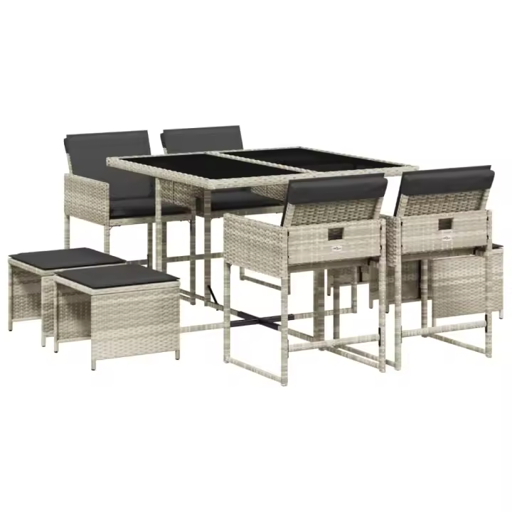 vidaXL Set comedor de jardín 9 pzas cojines ratán sintético gris claro - 1