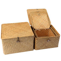 Juego De 4 Cestas De Paja Con Tapa Cestas De Almacenamiento De Paja Tejidas Organizador De Espacio Para Estante - details 0