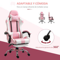 Vinsetto Silla Gaming Reclinable Silla Gamer Giratoria con Reposacabezas Reposapiés Cojín Lumbar Altura Ajustable para Oficina Estudio 64x67x119-127 cm Rosa - details 5