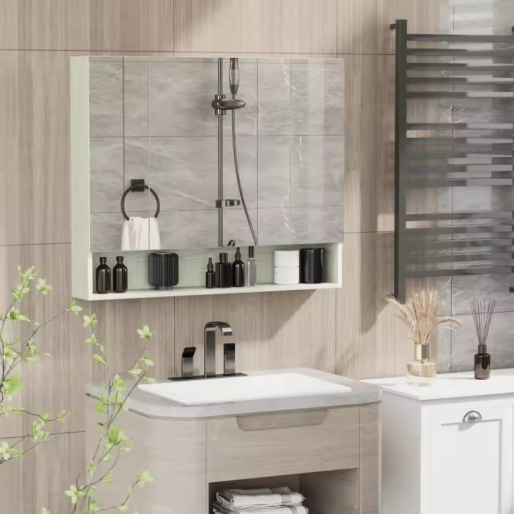 kleankin Armario de Baño con Espejo Armario de Pared con 3 Puertas Estante Ajustable y Compartimento Mueble de Baño Colgante para Salón 90x15x75 cm Blanco - 1