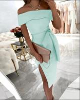 Vestido De Mujer Elegante De Verano Largo Hasta La Rodilla En Color Sólido Con Cuello En Línea Sola Y Abertura Regular - details 3