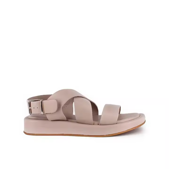 Blogger SANTORINI Sandalias planas para mujer beige en piel con hebilla 77077 - 1