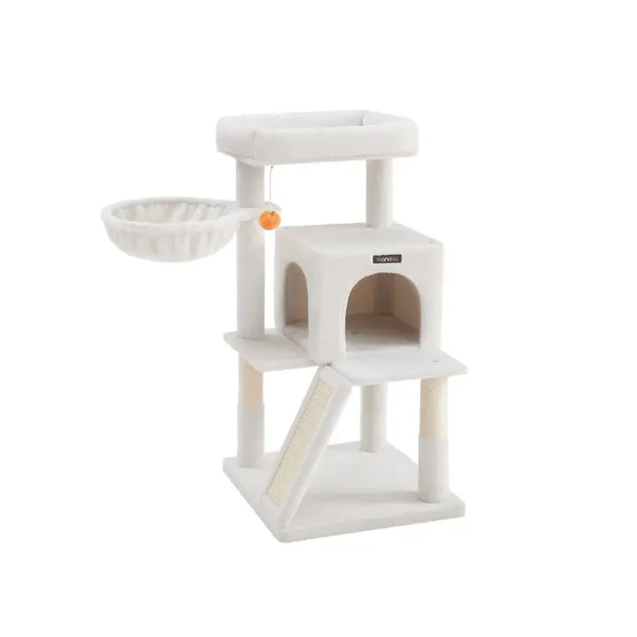 Árbol para Gatos Grandes con Vivienda, Rampa, Hamaca y Pompón - Disponible en Blanco Crema o Rosa Jalea - 1