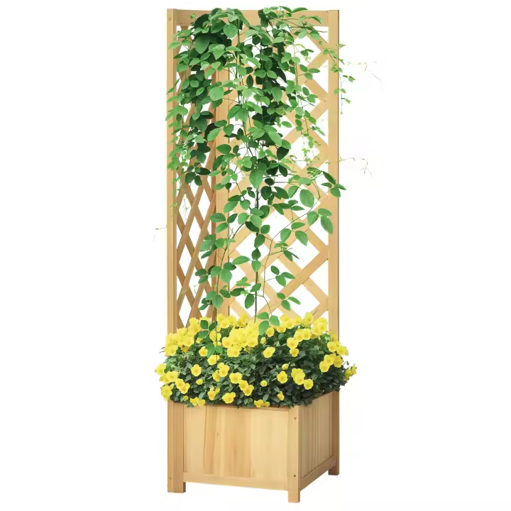 Outsunny Jardinera con Enrejado de Madera Macetero Exterior para Esquina Jardinera Elevada para Plantas Trepadoras en Patio Terraza 40x40x145 cm Natural - 1