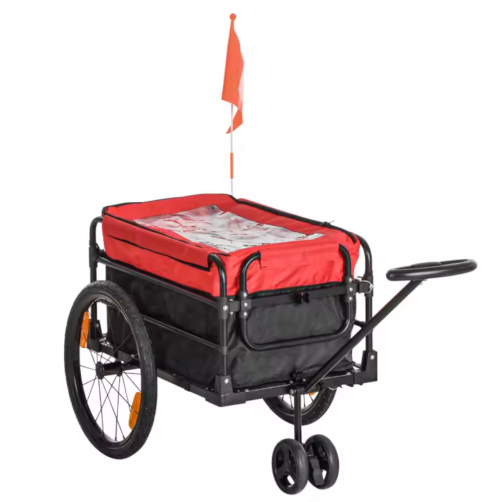 HOMCOM 2 en 1 Remolque de Bicicleta para Carga 40 kg Carro de Mano con Bandera Mango de Empuje Desmontable Marco de Acero y Reflectores 130x64x103 cm Negro y Rojo - 1