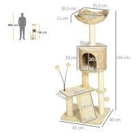 PawHut Árbol Rascador para Gatos de 116 cm Torre para Gatos Interior con Postes para Rascar Cama Cueva de Espadañas Rampa y Bolas 45x40x116 cm Beige - details 2