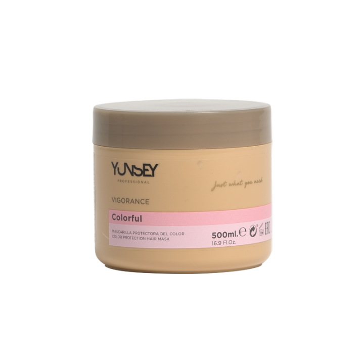Yunsey Vigorance Colorful Mask 500 ml, a vegan hair mask for dyed hair that revives faded colors, repairs damage, and provides hydration, leaving hair soft and protected from daily wear.