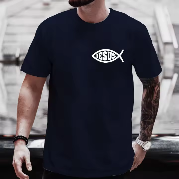 Camiseta De Hombre Con Diseño Del Pez De Jesús Camiseta Cristiana Casual Manga Corta Transpirable Ligera Secado Rápido Protección Solar Tallas Grandes Moda Y2k - 1