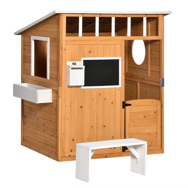 Outsunny Casa Infantil de Madera Casita de Juegos para Niños de +3 Años con Mesita Banco Buzón Pizarra Macetero Ventanas y Puerta para Exterior 122x108x135,5 cm Natural - 1