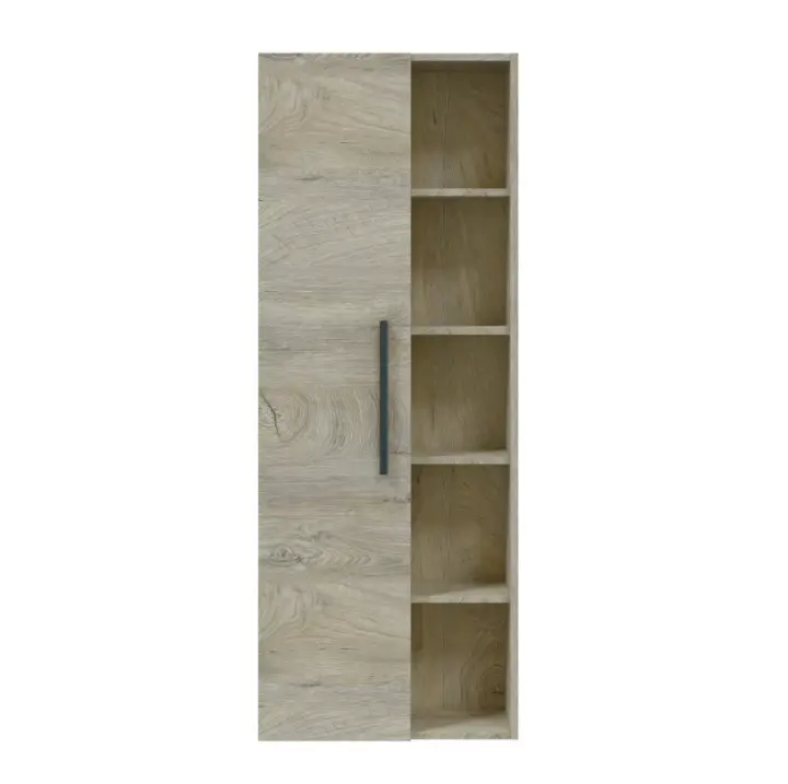 Meimon Columna para colgar con 1 puerta, 3 estantes interiores regulables y 4 estantes exteriores fijos, tablero melaminizado E1 (15 mm), cantos PVC (0,6/1,2 mm), tirador aluminio negro mate, 135x51x25 cm, carga máx. 15 kg - 1