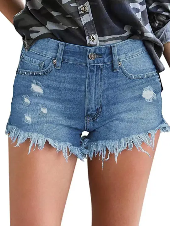 Shorts De Mezclilla Para Mujer Cintura Media Estirables Estilo Casual Veraniego Con Decoración De Rasguños Y Lavado - 1