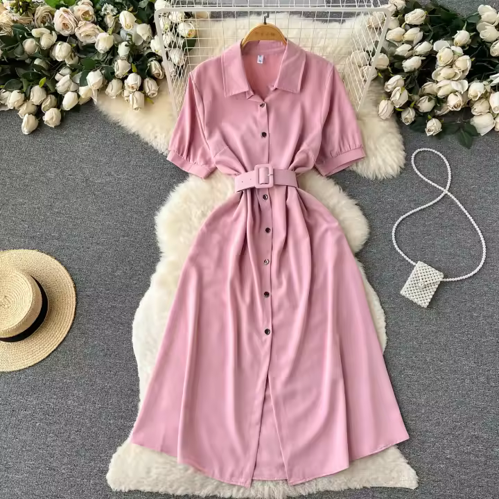 Vestido Midi A-Line De Verano Vintage Con Cuello Redondo Y Manga Corta Cintura Alta Botones Tratamiento De Polyester Y Algodón Para Mujer - 1