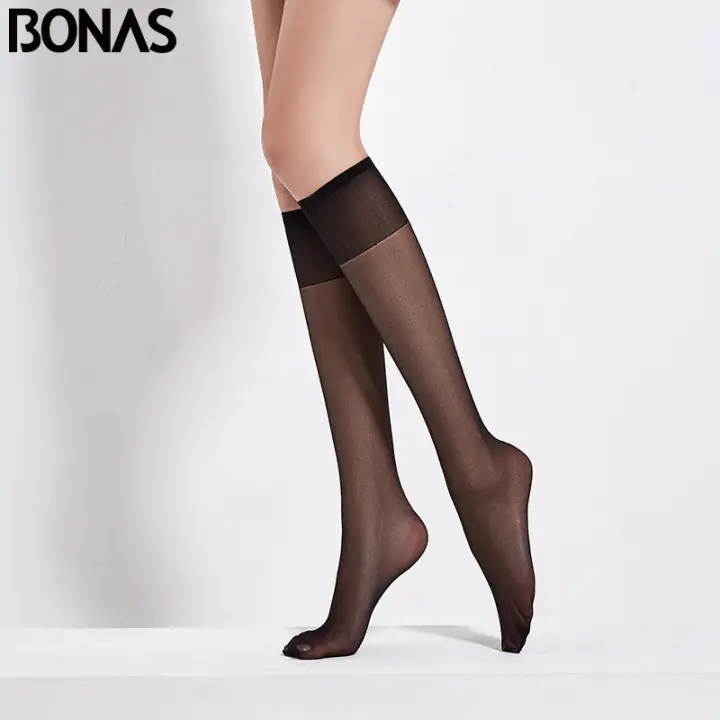 BONAS Medias Transparentes 20D Para Mujer Y Niñas 4 Pares Largo Pierna Baja Estilo Sólido Material Poliéster Y Nylon - 1