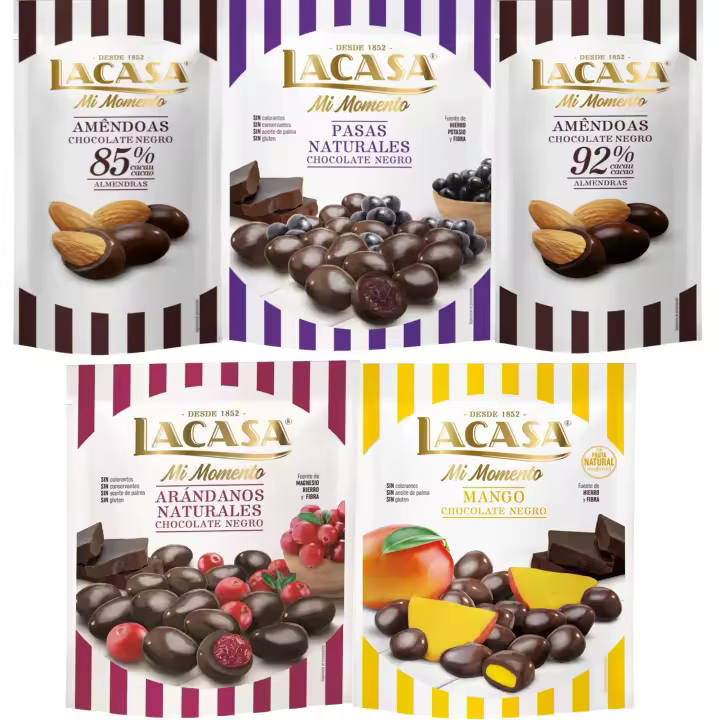 Lacasa Mi Momento pack de 5:Almendra 92% ,Almendra 85% ,Arándano Chocolate Negro ,Pasas Chocolate Negro ,Mango Chocolate Negro - 1