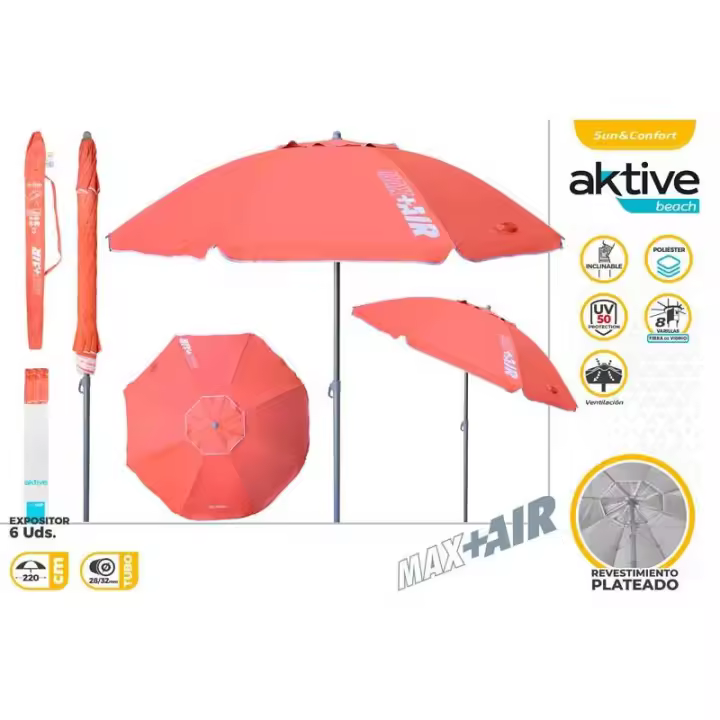 Aktive - Sombrilla playa antiviento.180 cm, 200 cm o 220 cm, Max Air, azul, forma octogonal, poliéster con protección UV50 y revestimiento plateado, 8 varillas fibra de vidrio, mástil inclinable Ø28/32 mm, incluye funda con asa, con ventilación superior - 1