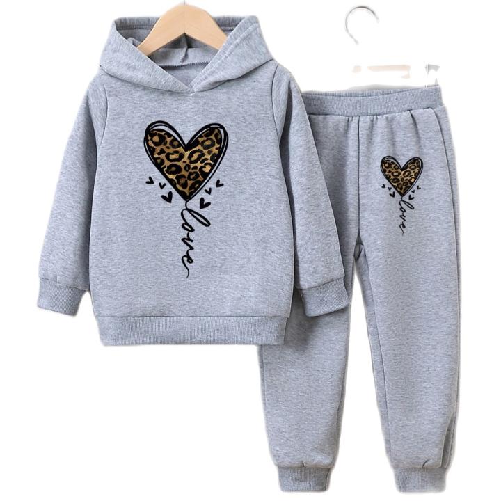 Conjunto De 2 Piezas Para Niñas Con Estampado De Leopardo Y Corazón: Suéter De Capucha Y Pantalones Largos De Otoño E Invierno Con Lining De Poliéster Adecuado Para Niñas De 4-6 Años