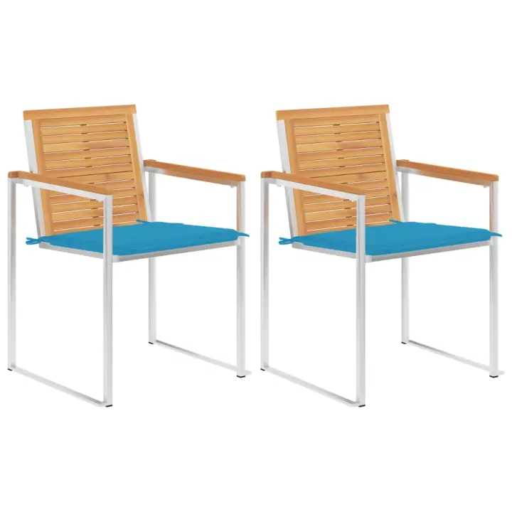 vidaXL Sillas de jardín con cojines 2 uds madera maciza teca y acero - 1