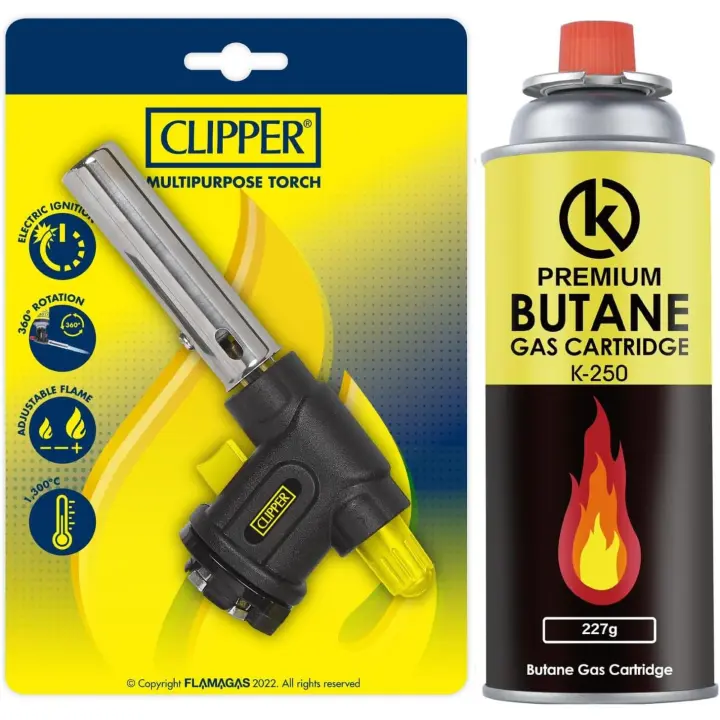 Clipper - Pack Profesional de Soplete de Cocina: Cabezal y Cartucho de Gas CLP de 227g con Llama Ajustable, Ideal para Flambeado de Postres - 1