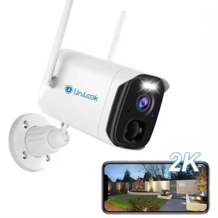 Unilook Camara de Vigilancia 2K con Bateria para Exteriores o Interiores, Camara IP WiFi 100% Inalambrica de 4MP, Vision Nocturna en Color con Foco, Memoria SD/Nube, Sensor de Movimiento PIR, Audio de 2 Vias, WiFi de 2,4 GHz, Push. Color Blanco - 1