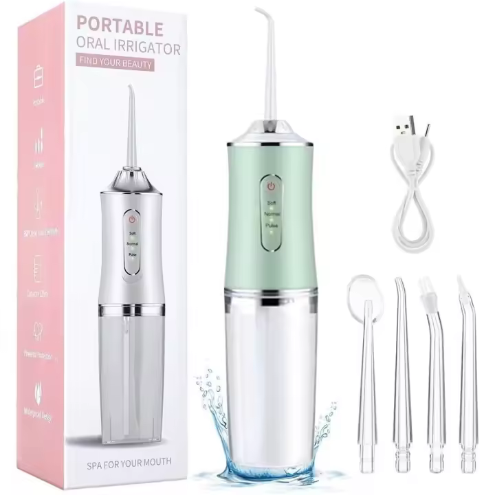 Irrigador bucal portátil inalámbrico 4 en 1 con 3 modos de limpieza y 4 chorros para limpiar los dientes (verde) - 1
