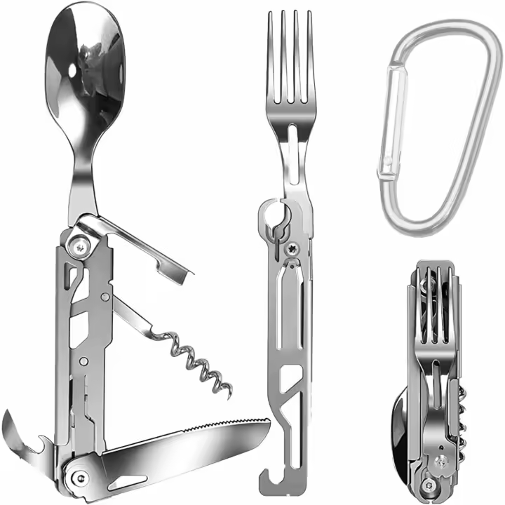 Juego de cubiertos para camping, 5 en 1 multifuncionales juego de cubiertos de acero inoxidable, juego de cuchillos, tenedor, cuchara, abrebotellas para camping y exteriores Utensilios de camping - 1