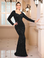 Vestido De Noche Largo Elegante Negro Con Lentejuelas Y Velours Para Mujer Vestido De Fiesta De Baile De Promoción Vestido De Mujer De Talla Grande - details 1