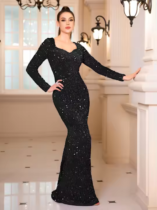 Vestido De Noche Largo Elegante Negro Con Lentejuelas Y Velours Para Mujer Vestido De Fiesta De Baile De Promoción Vestido De Mujer De Talla Grande - 1