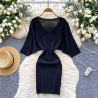 Nuevo Verano 2025 Vestido Corto De Mujer En Negro Con Manga Batwing Suave Y Elástico Estilo Bandage Casual Silueta Bodycon - details 3