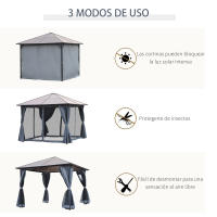 Outsunny Cenador de Jardín 3x3 m Pabellón de Exterior con Techo de Policarbonato 4 Cortinas Laterales y 4 Mosquiteras con Cremalleras Marco de Metal para Fiestas Eventos Multicolor - details 5