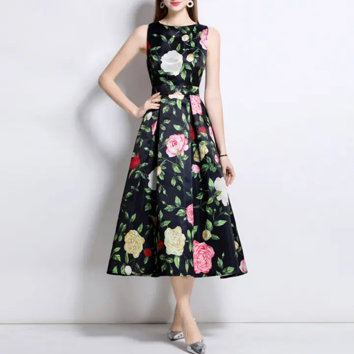 Vestido Sin Mangas De Verano Para Mujer Estampado O-Neck A-Line Regular Fit Midi Polyester Vestidos De Verano Mujer - 1