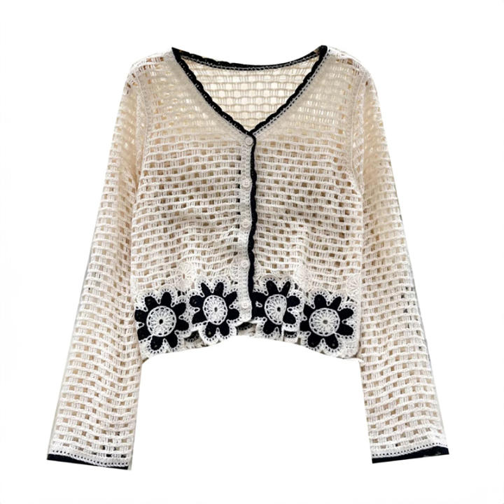 Blusa De Punto Floral Para Mujer Manga Larga Transparente Abotonada Corte Corto Estilizada Primavera Verano Boho Fairycore Vacaciones