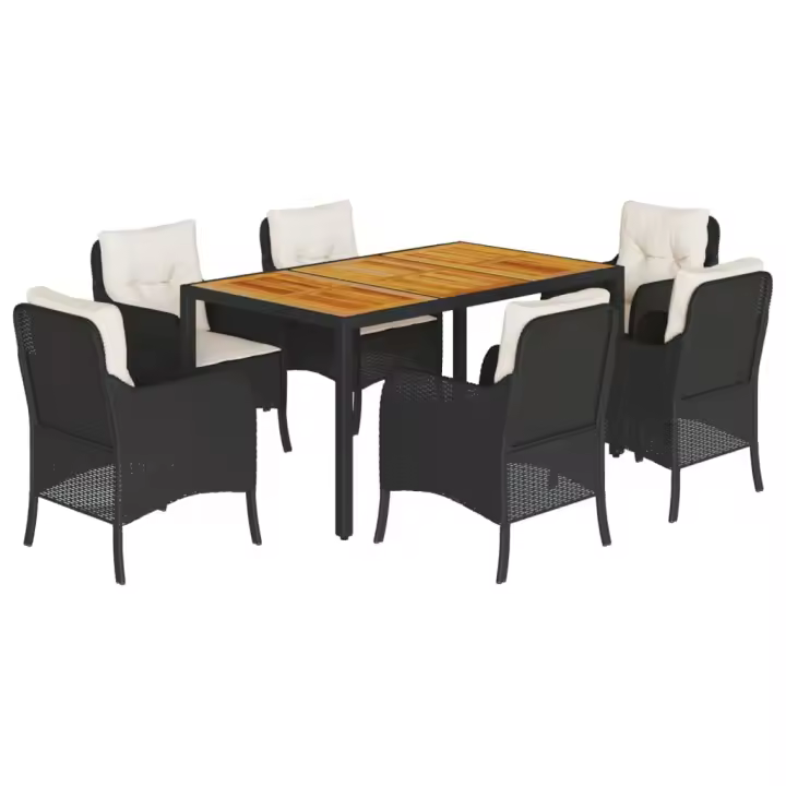 vidaXL Set de comedor de jardín 7 pzas y cojines ratán sintético negro - 1
