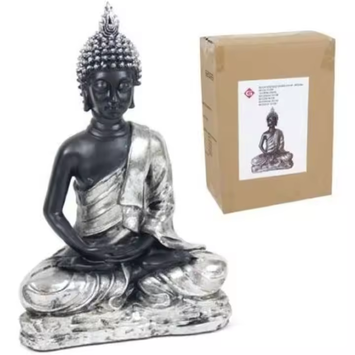 Gissed "Estatua de Buda Sentado en Posición de Meditación – Escultura Espiritual de Resina con Acabado Negro y Plateado – Diseño Elegante para Decoración Zen, Feng Shui y Espacios de Relajación – Ideal para Hogar, Oficina y Regalos – Tamaño 25x14x38 cm" - 1