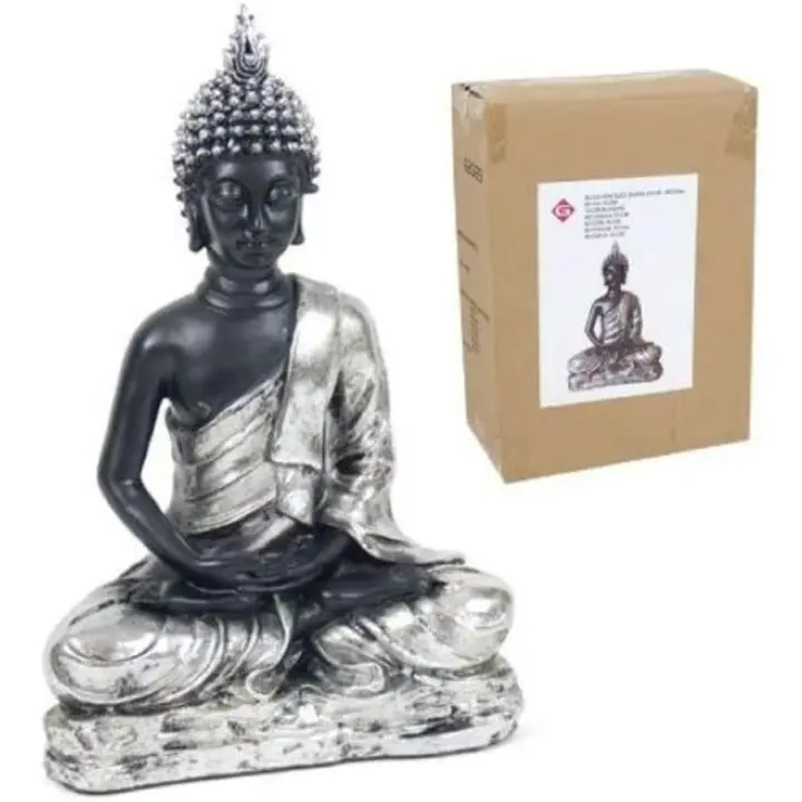 Gissed "Estatua de Buda Sentado en Posición de Meditación – Escultura Espiritual de Resina con Acabado Negro y Plateado – Diseño Elegante para Decoración Zen, Feng Shui y Espacios de Relajación – Ideal para Hogar, Oficina y Regalos – Tamaño 25x14x38 cm" - 1