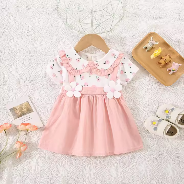 Vestido De Verano Para Bebé Niña Con Pétalos De Algodón Corto Con Mangas Y Tirantes Doble Capa Estilo Cute Para Niñas De 0 a 3 Años - 1