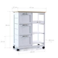 Carro de cocina con ruedas, práctico carro de servicio con 3 cajones y 3 niveles de almacenamiento, encimera de madera, estilo rústico en elegante blanco, isla de cocina 67x37x84 cm para optimizar tu espacio, Anaterra - details 7