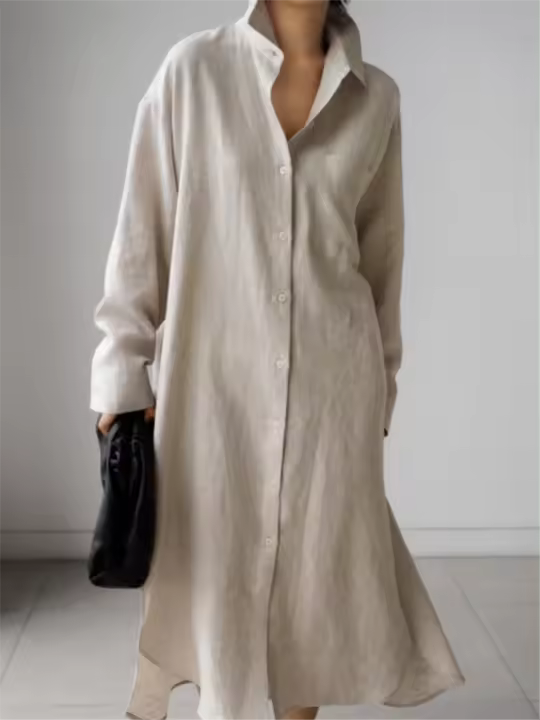 Vestido De Mujer REALEFT 2024 Algodón Lino Primavera Verano Con Bolsillo Cierre Simple Split Lateral Estilo Casual Longitud Media Pierna - 1