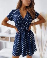 Vestido Casual De Mujer Con Puntos Y Cuello En V Talla S-2XL Manga Corta A-Line Con Cinturón Para Comunicación Y Fiestas De Verano - details 3
