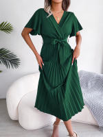 Vestido Maxi Elegante De Cintura Alta Con Volantes Y Mangas De Mariposa Para Mujer Vestido De Fiesta Casual De Polyester - details 15